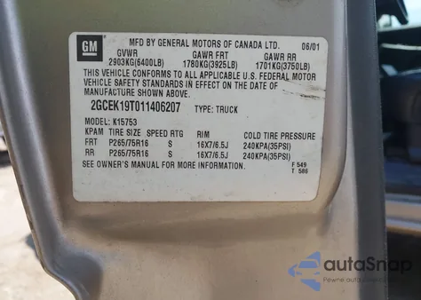 2001 Chevrolet Silverado 1500 Lt из США, поврежденный, VIN 2GCEK19T011406207